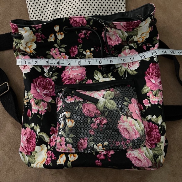 Madden Girl Black Floral Backpack with Polka Dot Interior - Picture 11 of 16